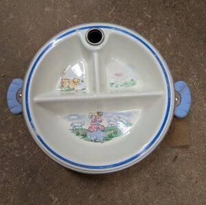 Vintage Ceramic Divided Baby Food Warming  Bowl with Blue Accents 1950's